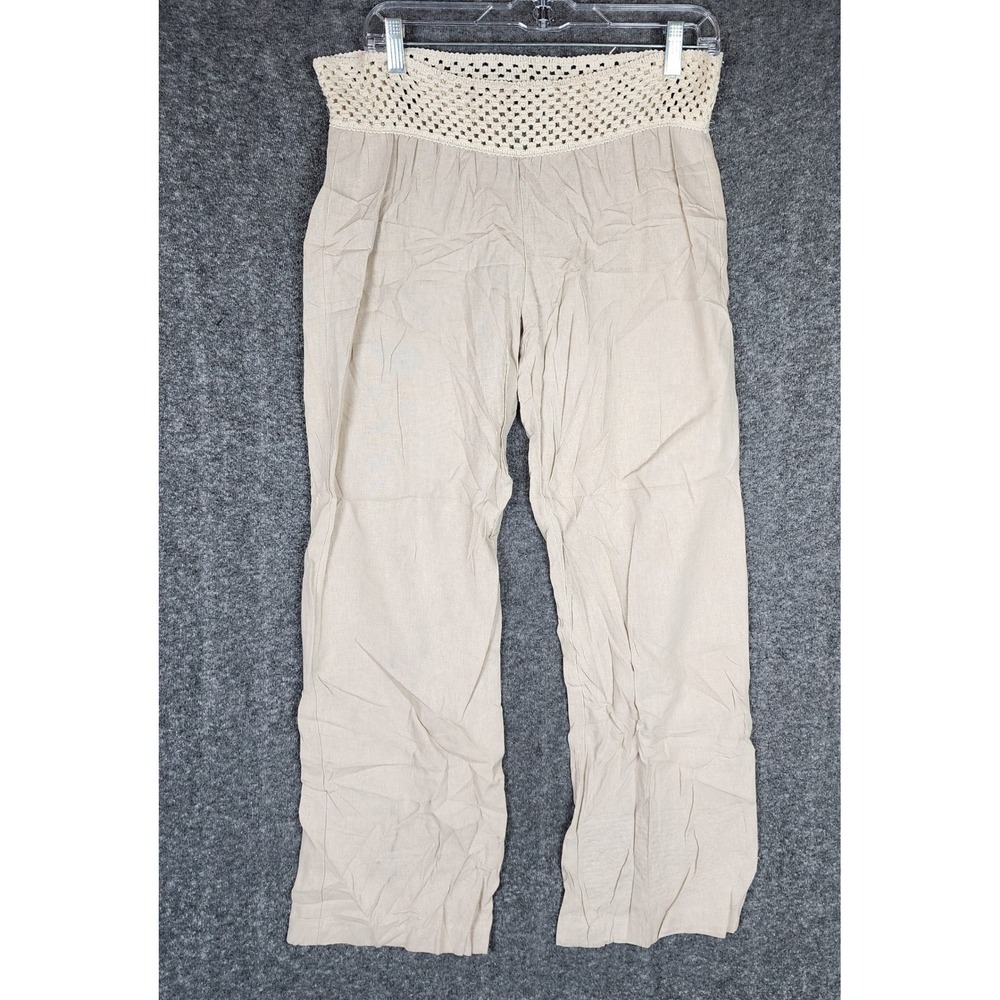 Angel Kiss Pants Womens Medium 6914A Beige Linen Crochet Waist Boho EUC